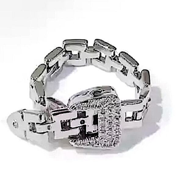 Adjustable Silver Chain Buckle Rhinestone Ring - Picture 2 of 12